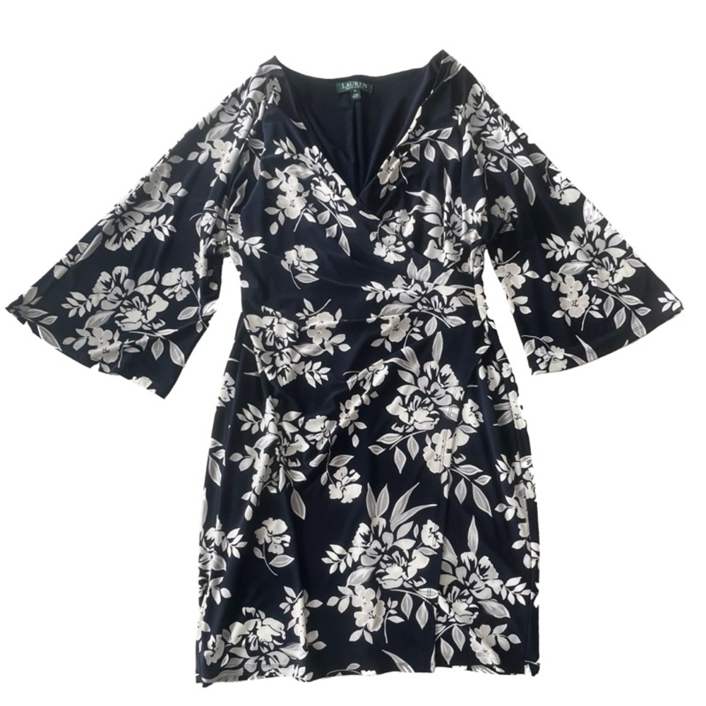 Ralph Lauren Navy Floral Wrap Dress with Bell Sleeves